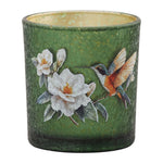 Kleine groene glazen theelichthouder met kolibrie en witte bloemen Ø7 x 8 cm