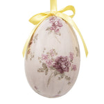 Hangend paasei met een beige ondergrond en een gedetailleerde paarse rozenprint met een geel satijnen strikje