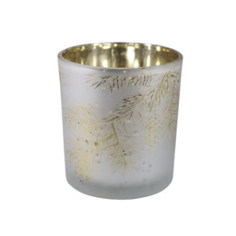 Glazen theelichthouder met gouden dennentakken