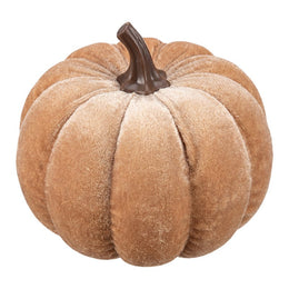 Beige decoratie pompoen van Clayre & Eef met zachte fluweelachtige afwerking en bruin steeltje Ø 10 cm