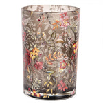 Glazen theelichthouder met kleurrijke bloemen en bladeren op grijs glas Ø12 x 18 cm