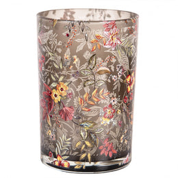Glazen theelichthouder met kleurrijke bloemen en bladeren op grijs glas Ø12 x 18 cm