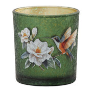 Kleine groene glazen theelichthouder met kolibrie en witte bloemen Ø7 x 8 cm