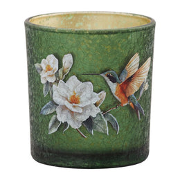 Kleine groene glazen theelichthouder met kolibrie en witte bloemen Ø7 x 8 cm