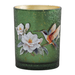 Groene glazen theelichthouder met kolibrie en witte bloemen Ø10 x 13 cm