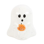 Witte keramieken Halloween theelichthouder als spookje met oranje pompoen