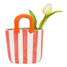 Roze keramische handtas vaas met strepen voor lente decoratie en paasdecoratie