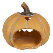 Achterkant van oranje keramieken Halloween pompoen met opening
