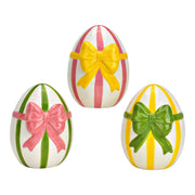 keramisch paasei met kleurrijke strepen en een strik in geel, roze en groen - per stuk verkrijgbaar.