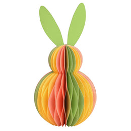 Een papieren honeycomb paashaas met een honingraatstructuur in vrolijke banen van oranje, geel en groen, voorzien van groene oren.
