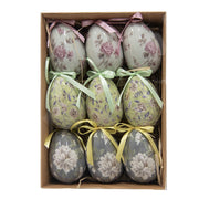 Luxe houten kistje gevuld met negen verschillende vintage paaseieren hangers als complete set voor de paastak