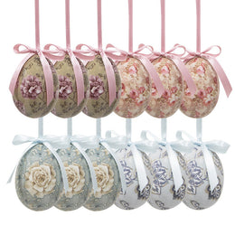 Twaalf hangende decoratieve paaseitjes met diverse bloemenpatronen en satijnen strikjes in pastelkleuren