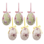 Zes grote hangende paaseieren met romantische prints van roze tulpen en paarse rozen voorzien van satijnen strikjes