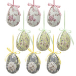 Negen hangende paaseieren met romantische bloemenprints en satijnen strikjes in roze geel en mintgroen