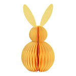 Grote gele honingraat paashaas van 30cm hoog, een duurzame papieren decoratie voor een modern paasinterieur.