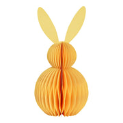 Grote gele honingraat paashaas van 30cm hoog, een duurzame papieren decoratie voor een modern paasinterieur.