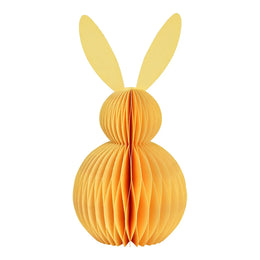 Grote gele honingraat paashaas van 30cm hoog, een duurzame papieren decoratie voor een modern paasinterieur.