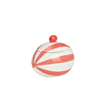 Roze en wit gestreepte keramische voorraadpot paasei, ideaal voor het bewaren van chocolade eitjes.