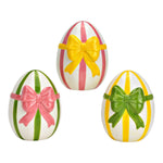 Set van drie kleine keramische paaseieren (11 cm) met kleurrijke strepen en een strik. Verkrijgbaar in geel, roze en groen, per stuk te bestellen.