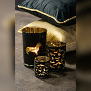 Zwarte Zwarte glazen kaarshouder met gouden honden – 12,5 cm