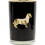 Zwarte glazen kaarshouder met gouden hond – 18 cm